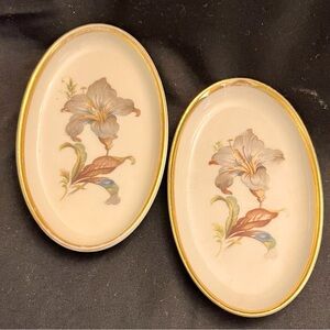Danmark Porcelain Denmark Floral Oval Hand Painted Gold Iris VTG Trinket Dishes